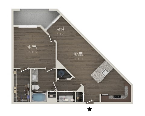 Floor plan for 1 bed, 1 bath, 815 sqft